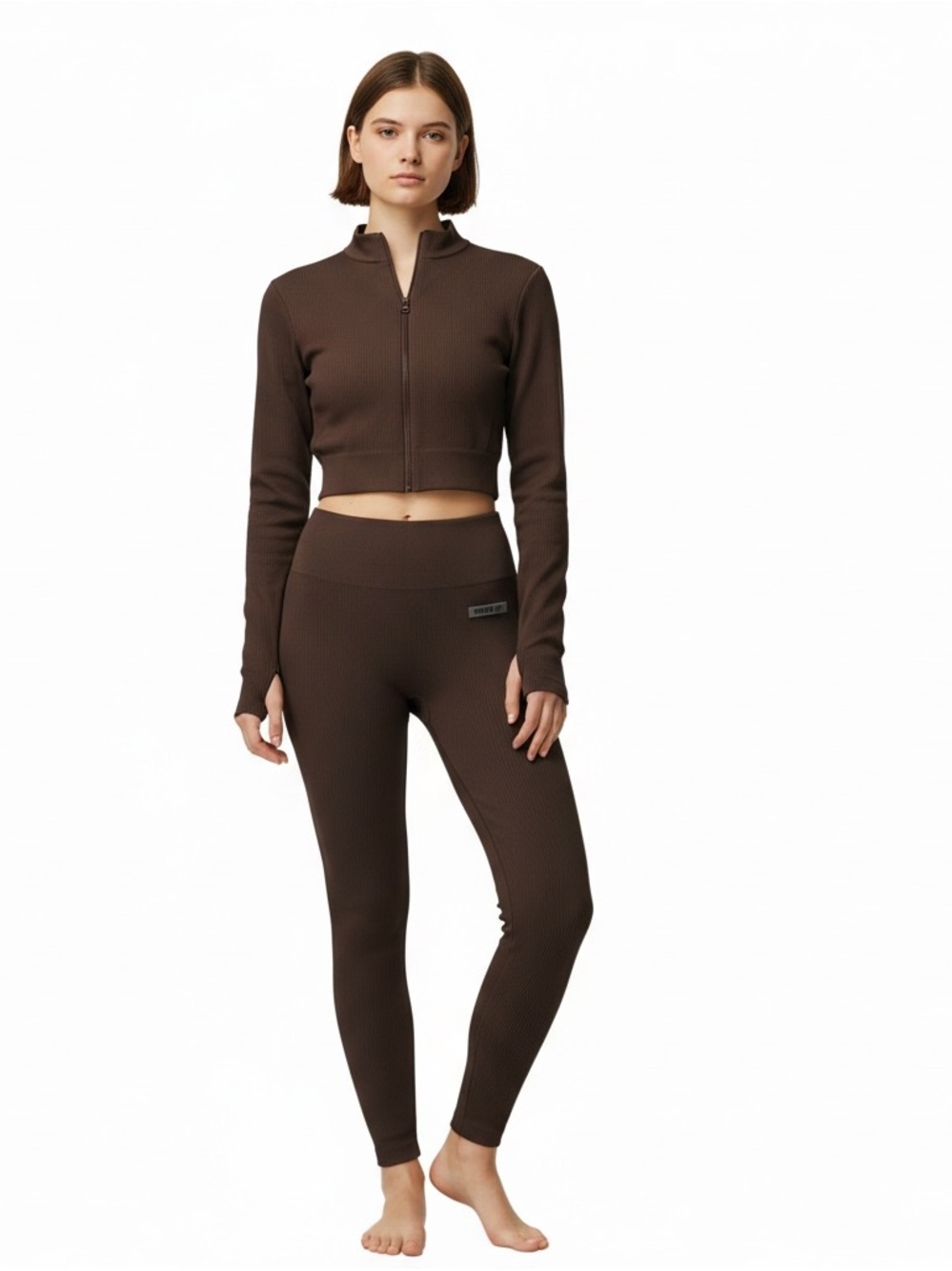 Sommer Ray Chocolate Brown Ribbed Zip-Front Crop Top & leggings size small